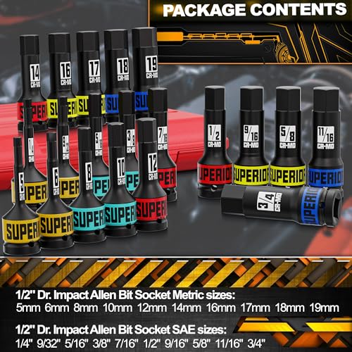 1/2" Drive Master Impact Hex Bit Socket Set, Metric & SAE, 20-Piece 1/2 Inch Drive Impact Allen Bit Socket Set, 5mm - 19mm & 1/4" - 3/4", Cr-Mo Steel, Heavy Duty Storage Case - size: 20 Pcs Metric & SAE