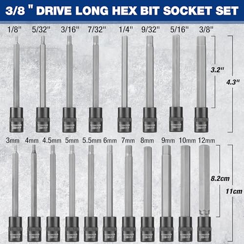 WORKPRO 19-piece 3/8 Inch Drive Extra Long Hex Bit Socket Set, Torx Bit Socket Set, Premium S2 Steel Long Allen Star Bits and CR-V Sockets Set with Storage Case - style: 19-piece extra long torx bit socket set