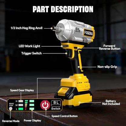 Cordless Impact Wrench 1/2 Inch - Compatible with Dewalt 20V Batteries, 1100 Ft-lbs (1500N.m) High Torque Impact Driver, Brushless Impact Gun with 3 Speed Modes & LED Light (Battery Not Included)