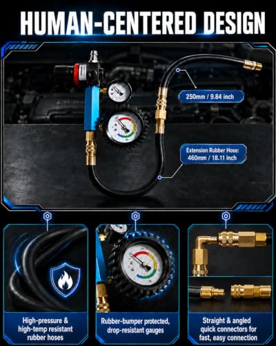 47PCS Compression and Leak Down Tester Kit for Diesel & Petrol | Dual Gauge Design, 0-700 PSI/0-50 Bar, HDi, TDCi, Pumpe Duse, Engine Compression And Leak Testing