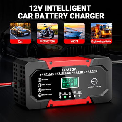 Car Battery Charger 12V 10A Smart Trickle Charger Fully Automatic | Battery Maintainer Temperature Compensation LCD Display 8-Layer Protection Suitable for Car Truck Motorcycle Lawn Mower Boat - color: Black