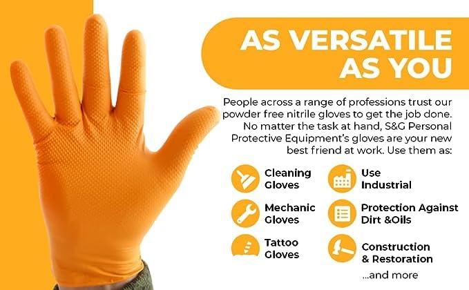S&G Orange Nitrile Gloves Disposable Latex-Free 8Mil Thick Heavy Duty Powder-Free for Industrial, 1000 Pcs- Medium, Large, XL - size: X-Large