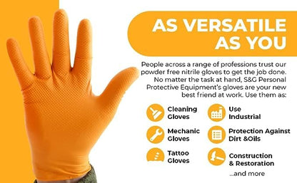 S&G Orange Nitrile Gloves Disposable Latex-Free 8Mil Thick Heavy Duty Powder-Free for Industrial, 1000 Pcs- Medium, Large, XL - size: Large