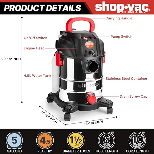 Shop-Vac 5-Gallon 4.5 Peak HP 3-in-1 Wet/Dry/Upholstery Shampoo Vacuum | 3-in-1, Vacuum Extractor with 6 Ft Hose and 10 Ft Cord, Large Capacity Tanks, For Carpet, Upholstery, and Car Detailing