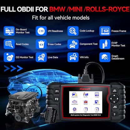 iCarsoft Bidirectional Diagnostic Tool for BMW/Rolls-Royce/Mini, BMM V3.0 All Resets/Battery Registration/ECU Coding Full System OBD2 Scanner for BMW Code Reader, Battery Test,Auto VIN-2025 Ver