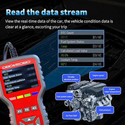 OBD2 Scanner and Battery Tester 2-in-1,Read and Clear Error Codes | Live Data, Freeze Frame,Car Code Reader and Engine Fault Diagnostic Tool for 1996+ OBDII Protocol Cars，red