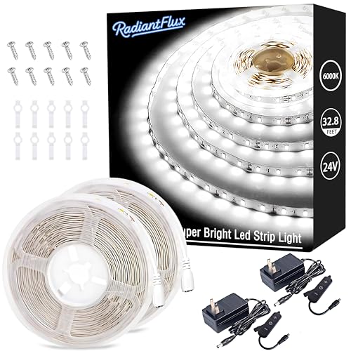 RadiantFlux White Strip Lights,2 Sets of 32.8ft. LED Strip Lights,Strip Light for Cabinet,1200 LEDs Flexible LED Strip Lights for Shelves, Living Room, Study, Wardrobe - color: Daylight White, size: 32.8FT-2sets