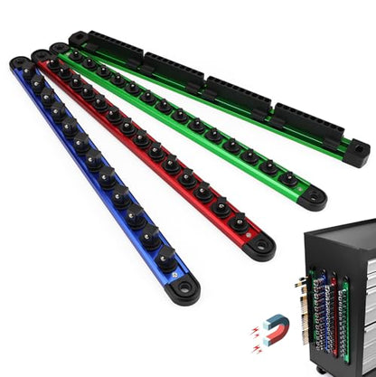 4-Piece Magnetic Socket Organizer Kit, 1/4'' 3/8'' 1/2'' Heavy Duty Socket Holder Holds 40 Clips, Aluminum Sockets Rail for Tool Box Drawer with 1/4'' Slidable Drill Bit Organizer Holds 40 Bits - style: Multi-Color 4-Piece