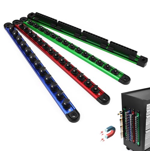 4-Piece Magnetic Socket Organizer Kit, 1/4'' 3/8'' 1/2'' Heavy Duty Socket Holder Holds 40 Clips, Aluminum Sockets Rail for Tool Box Drawer with 1/4'' Slidable Drill Bit Organizer Holds 40 Bits - style: Multi-Color 4-Piece
