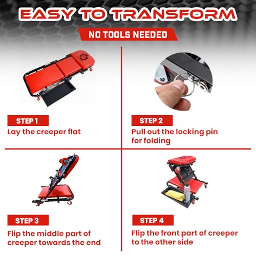 40" Mechanics Creeper Z fold with Side Tool Tray, 3 in 1 Low Profile,7pc-2.5" (360°) Swivel castors, Heavy Duty 450lb Laying Capacity 300lbs Seated, Home and Garage,