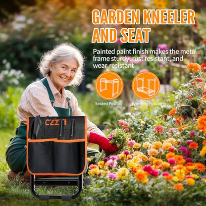CZZXI Garden Kneeler and Seat, Wider and Thicker Kneeling Pad | Heavy Duty Gardening Stool with Gardening Tool Pouch and Bag, Garden Bench/Chair Gifts for Women, Seniors - color: Black & Orange