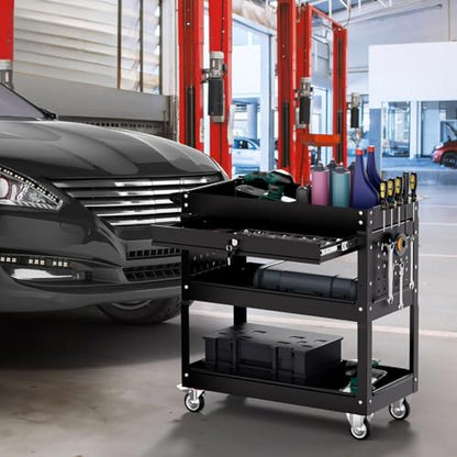 3 Tier Tool Cart on Wheels with Drawers - Three Tier Rolling Cart with Lockable Storage - Mechanic Tool Chest - Tool Chest with Wheels Used in Garage, Indoors, Workshop (Black)