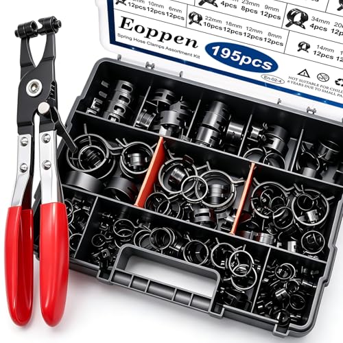 195Pcs 6-38mm Spring Hose Clamps Assortment Kit with Swivel Flat Band Fuel Hose Clamp Plier - 23 Sizes Fuel Line Silicone Vacuum Hose Low Pressure Air Clamps - color: 195pcs - 23 Sizes + Plier (Black)