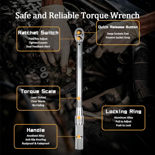 TYD 1/2" Heavy Duty Click Torque Wrench 30–210 Nm ±4% Precision | Adjustable Torque Wrench 72-Tooth Reversible Ratchet Storage Case for Car Wheel Lug, Truck & SUV Repair Torque Tool - style: TG-210(30-210NM)