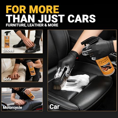 Car Leather Cleaner and Conditioner Kit, Leather Care Cleaning Kit with Horse Hair Cleaning Brush - Safe for Car Interiors, Furniture, Boots, Bags & Apparel - Deep Cleaning, Non-Greasy Restorer
