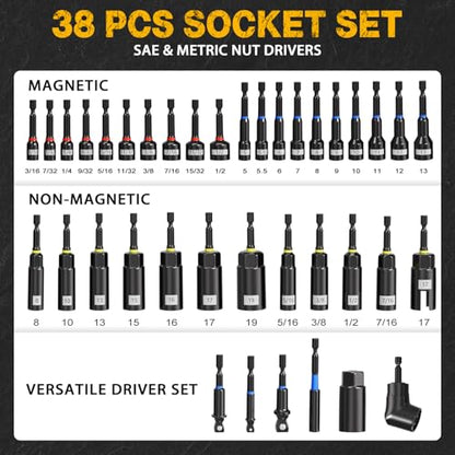 XOOL 86-Piece Magnetic Impact Nut Driver Set, Metric & SAE, with Socket Adapters, Universal Joint, Flexible Shaft, Wing Nut Driver, Power Bits & Quick-Release Extension