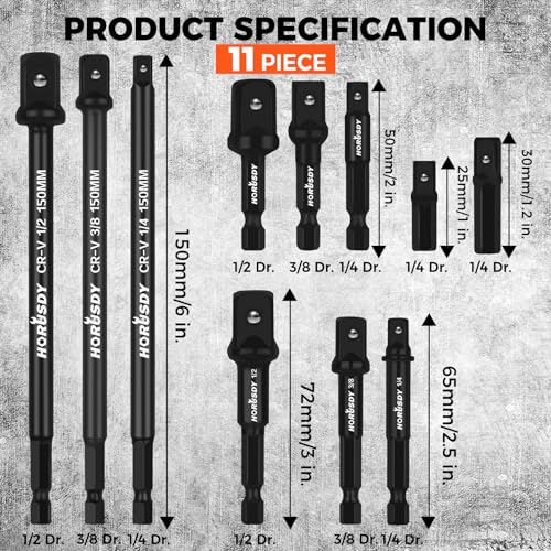 HORUSDY 11-Piece Impact Socket Adapter Set, 1/4-Inch Hex Shank, Cr-V Steel High Torque Drill Extension Bits, 1/4" 3/8" 1/2" Impact Driver Socket Adapters with Storage Holder - style: 11-PCS + Storage Holder
