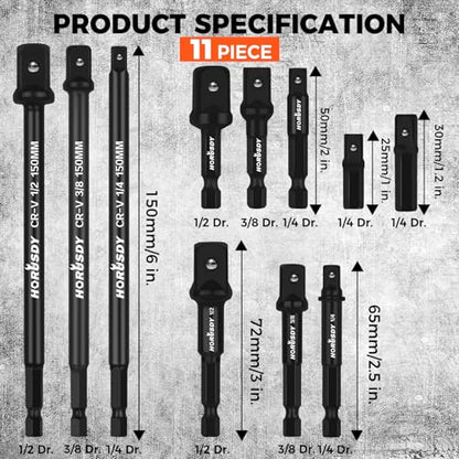 HORUSDY 11-Piece Impact Socket Adapter Set, 1/4-Inch Hex Shank, Cr-V Steel High Torque Drill Extension Bits, 1/4" 3/8" 1/2" Impact Driver Socket Adapters with Storage Holder - style: 11-PCS + Storage Holder