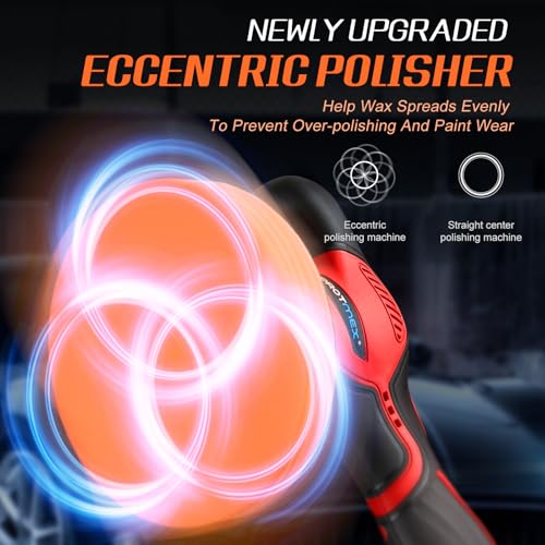 Protmex Cordless Car Buffer Polisher w/ 2x2000mAh 21V Batteries, 6 Inch Car Buffer Waxer Kit, Car Polishing Machine w/Extra 18 PCS Attachments & 6 Variable Speed (Red) - color: Red