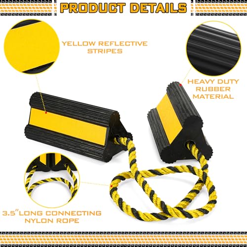 4 Pair Heavy Duty Wheel Chocks for RV Trailer, Rubber Wheel Stoppers, Dual Blocks, Non Slip Tire Chock with Nylon Rope Reflective Tape for RV Camper Travel Trailers Car Truck (Yellow)