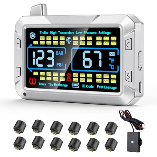 truck tire pressure monitoring system (0-188 PSI) features a signal booster, a 4.3-inch color screen, six alarm modes, and can monitor up to 43 tires for trailer rv semi truck camper (12 Sensors) - size: 12 Sensors