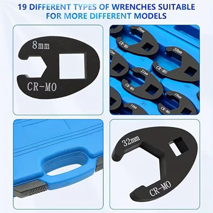 19-Piece Crows Foot Wrench Set, 3/8 and 1/2-Inch Drive, Metric 8-32 mm | Flare Nut Crowfoot Wrench Set Compatible with Ratchets for Automotive Repair and Maintenance