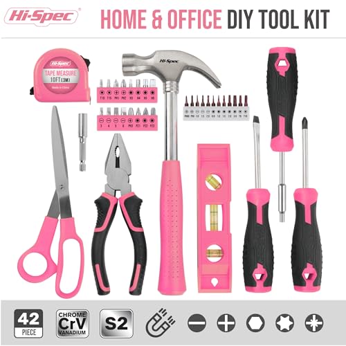 Hi-Spec Tool Kit, General Household Hand Tool Set with Toolbox Storage Case, All-in-One Compact Toolkit for DIY & Dorm Use, Pink | 38pc, everyday fixes made easier, organized portable storage, beginner-friendly selection, apartment and office tasks, tidy
