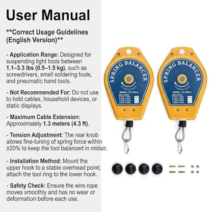 QWORK Spring Balancer 2 Pack 1.1–3.3 lbs Load Range – Adjustable Retractable Tool Hanger for Assembly, Workshop & Garage