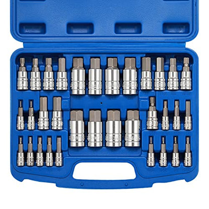 EMENTOL 33PCS Hex Bit Socket Set, 1/4", 3/8" and 1/2" Drive, SAE And Metric Allen Socket Bit, CR-V, S2 Steel, Master Hex Bit Socket Set, 5/64" - 3/4", 2mm - 19mm - size: 33PCS (SAE & Metric)