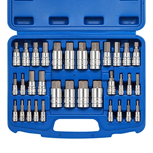 EMENTOL 33PCS Hex Bit Socket Set, 1/4", 3/8" and 1/2" Drive, SAE And Metric Allen Socket Bit, CR-V, S2 Steel, Master Hex Bit Socket Set, 5/64" - 3/4", 2mm - 19mm - size: 33PCS (SAE & Metric)