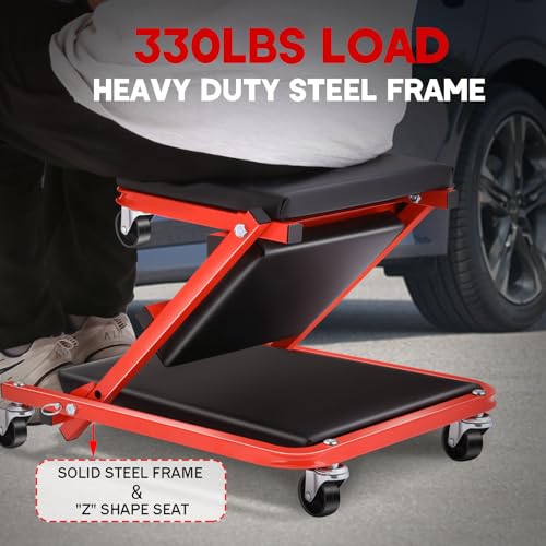 Foldable Z Creeper 2 in 1 Rolling Seat for Garage Shop Auto Repair | 40 inch, 330LBS Capacity, Creeper Seat with Wheels Adjustable Chair, Red - style: 40inch-Red