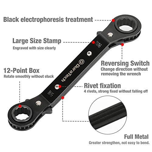 DURATECH 5 Pc Double Offset Box End Reversible Ratcheting Wrench Set, SAE, Heavy-duty, Matte Chrome Plated, Ratchet Spanner Crooked for Narrow Spaces (1/4-7/8 inch) - size: SAE