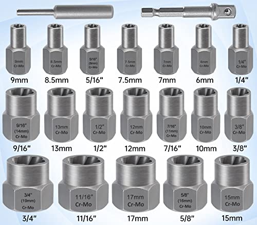 XEWEA 21PCS Bolt Nut Extractor Set, 3/8" Drive Easy Out Socket Remover | Lug Nut Extraction Easy Out Tools For Damaged, Frozen, Studs, Rusted, Rounded-Off Bolts & Nuts Screws, Cr-Mo Steel - size: 21PCS