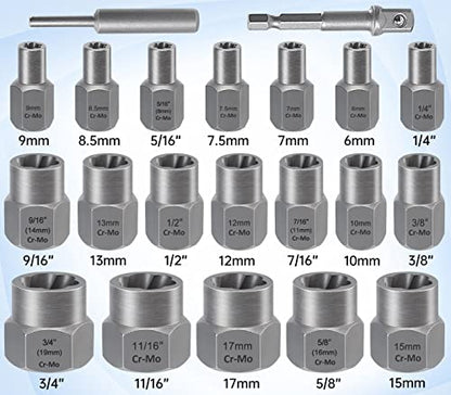 XEWEA 21PCS Bolt Nut Extractor Set, 3/8" Drive Easy Out Socket Remover | Lug Nut Extraction Easy Out Tools For Damaged, Frozen, Studs, Rusted, Rounded-Off Bolts & Nuts Screws, Cr-Mo Steel - size: 21PCS