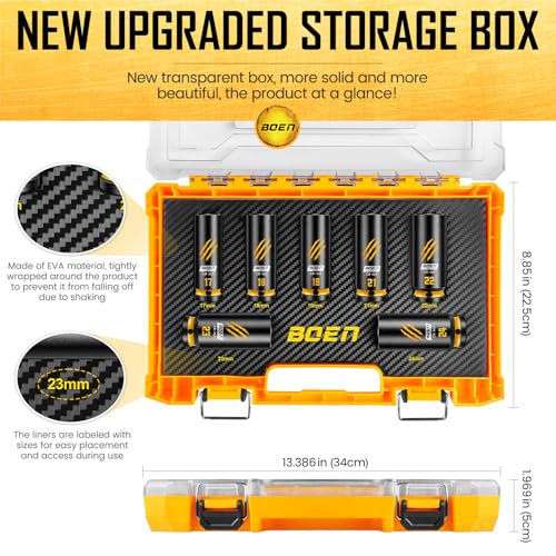 BOEN 7-Piece 1/2" Drive Impact Socket Set, Deep Metric Lug Nut Socket Set (17, 18, 19, 21, 22, 23, 24 mm), CR-MO Steel, Deep Embossed and Painted Marking, 6-Point Design