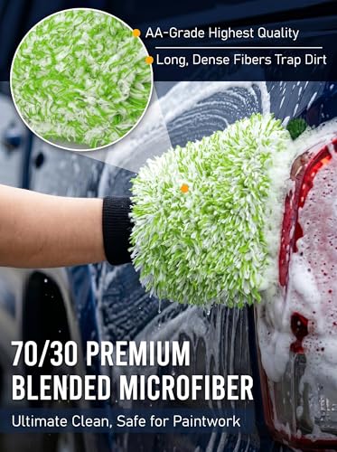 TAKAVU Car Wash Mitt, 2 Pack Microfiber, Scratch-Free (Green & White) | Soft Lint-Free Wash Gloves Hold Sudsy Water for Auto Detailing, Machine Washable, Safe on Paint & Coat - color: Green