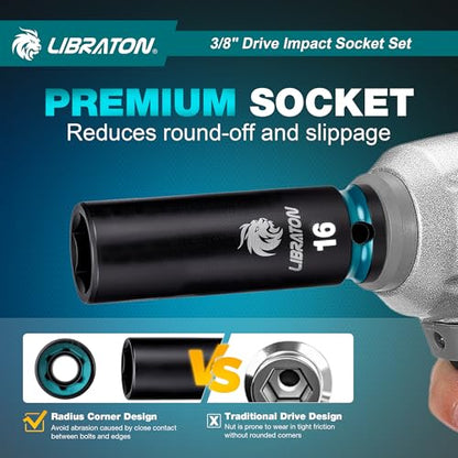 LIBRATON 3/8 Socket Set 90PCS, SAE(5/16-3/4") & Metric(7-19MM) Impact Socket Set, Cr-V Impact Driver Socket, Deep&Shallow, Extension Bars, Ratchet Handle, Screwdriver Bits, Spark Plug Sockets, Adapter
