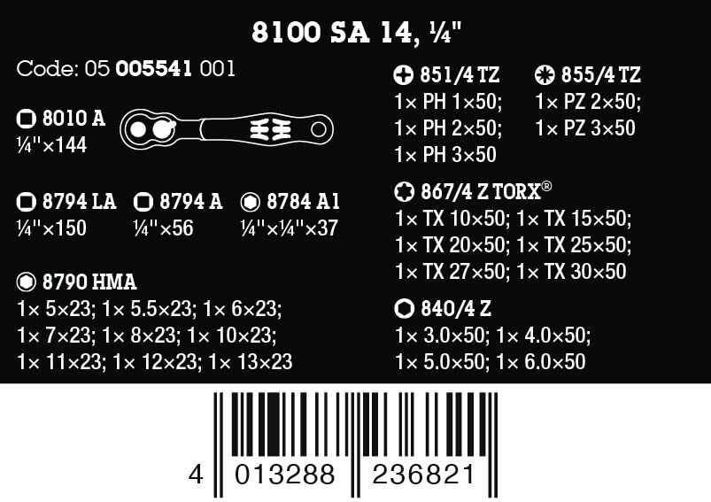 8100 SA 14 Zyklop Comfort Ratchet Set, reversing Lever, 1/4" Drive, Metric, 28 Pieces