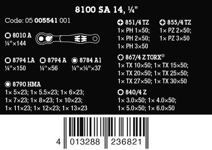 8100 SA 14 Zyklop Comfort Ratchet Set, reversing Lever, 1/4" Drive, Metric, 28 Pieces