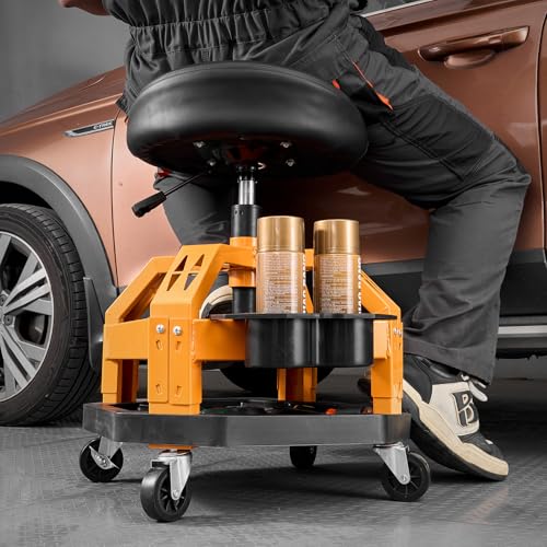 VEVOR Mechanic Stool Dual Storage Trays Rolling Stool and Garage Stool with Adjustable Height 23.6–29.5 in,Soft Waterproof Cushion 360° Swivel Casters 330 LBS Capacity Heavy Duty - color: Yellow