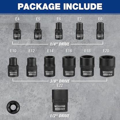 WORKPRO 25-Piece Torx Bit Socket Set, 1/4", 3/8", 1/2" Drive, E4-E22, T8-T60 Female & Torx Socket Set, CR-V & S2 Alloy Steel - style: 25-piece torx bit socket and E - socket set