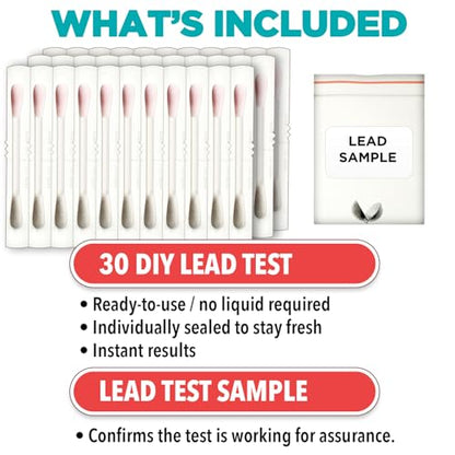 Lead Test Kit for Paint, Metal, Dishes, and Ceramics - 30 Testing Swabs | Contains Reagent Liquid, at-Home Lead Detector for Most Surfaces - Lead Sample Included for Confirmation