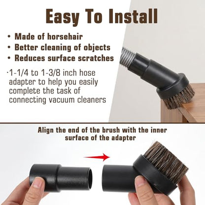Horse Hair Brush Vacuum Attachment Set 3PCS, Round Dusting Brush for 1.25 Inch Hose, Soft Bristle Vacuum Attachments for Carpet Upholstery Cleaning, Canister Stick Vacuums Accessories