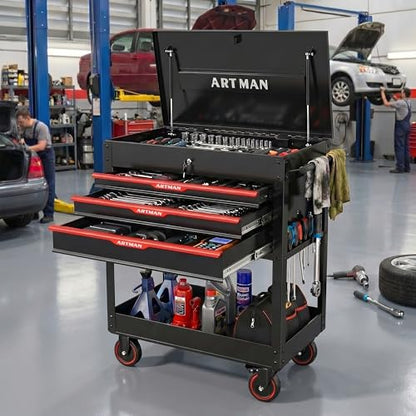 Rolling Tool Chest with Metal Top, 3-Drawer Tool Cart with Wheels, Black | Ball-Bearing Slides, Powder-Coated Finish, Side Tool Rack, Lockable, Locking Brakes, Ergonomic Push Handle - color: Black
