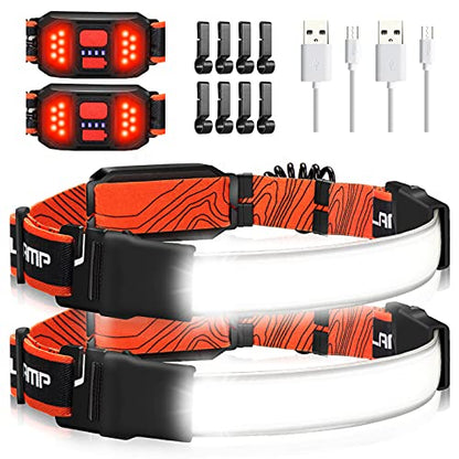 Hopedone 2 Packs Rechargeable Headlamp, 230°Wide-Angle 1000 Lumens Headlamp Flashlight with Red Taillight 3 Light Modes Lightweight LED Head Lamp Adjustable Waterproof Head Light for Running Cycling - color: Orange(2-Pack)