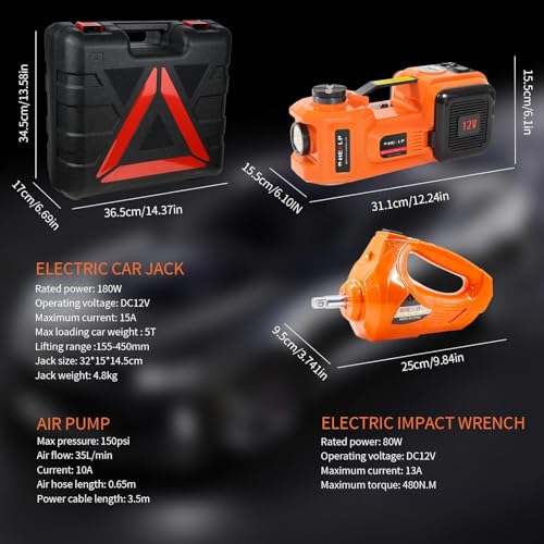 E-HEELP Electric Car Jack Kit 5Ton 12V Hydraulic Car Jack Lift (Lifting Range: 6.1~17.7 inch) with Electric Impact Wrench for SUV MPV Sedan Truck Change Tires Garage Repair