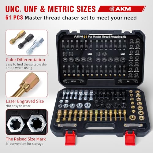AKM 61Pcs Thread Restorer Kit, Rethread Repair Tool, UNC UNF & MetricThread Chaser Set with Thread Pitch Gauge