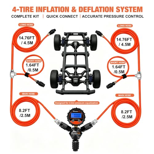 4 Tire Inflation & Deflation System, Air Up Down Kit with Digital Tire Pressure Gauge, Self-Locking Quick Coupler, TPU Braided Air Hoses, 7 Adapters for Trucks SUVs Jeeps 4x4