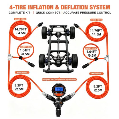 4 Tire Inflation & Deflation System, Air Up Down Kit with Digital Tire Pressure Gauge, Self-Locking Quick Coupler, TPU Braided Air Hoses, 7 Adapters for Trucks SUVs Jeeps 4x4