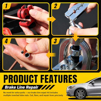 25Ft 1/4"& 3/16" Brake Line Kit,Heavy Duty Brake Line Flaring Tool Kit with 32 Inverted Fittings for Single/Double Flare,Brakes Lines Repair Kits for Cars/SUVs/Trucks